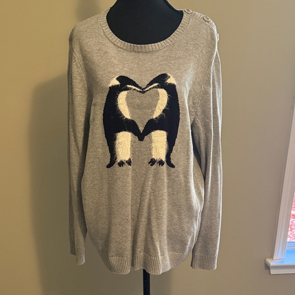 Women's Gray Penguin Heart Knit Sweater